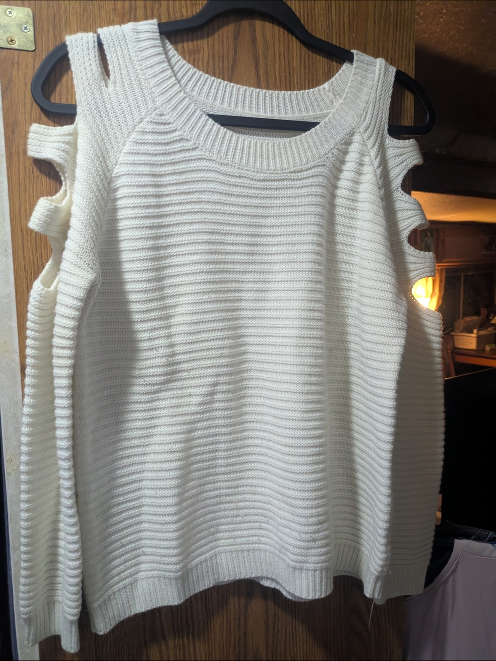 White Cold-Shoulder Ribbed Knit Sweater - Unbranded